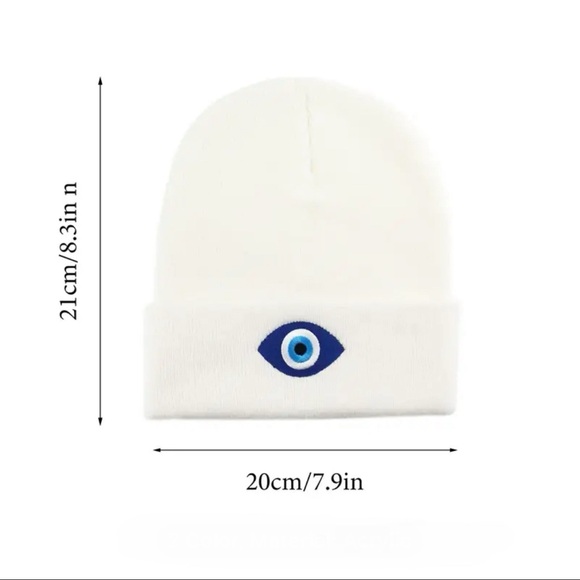Evil Eye White Beanie Pull On Hat - Picture 4 of 6